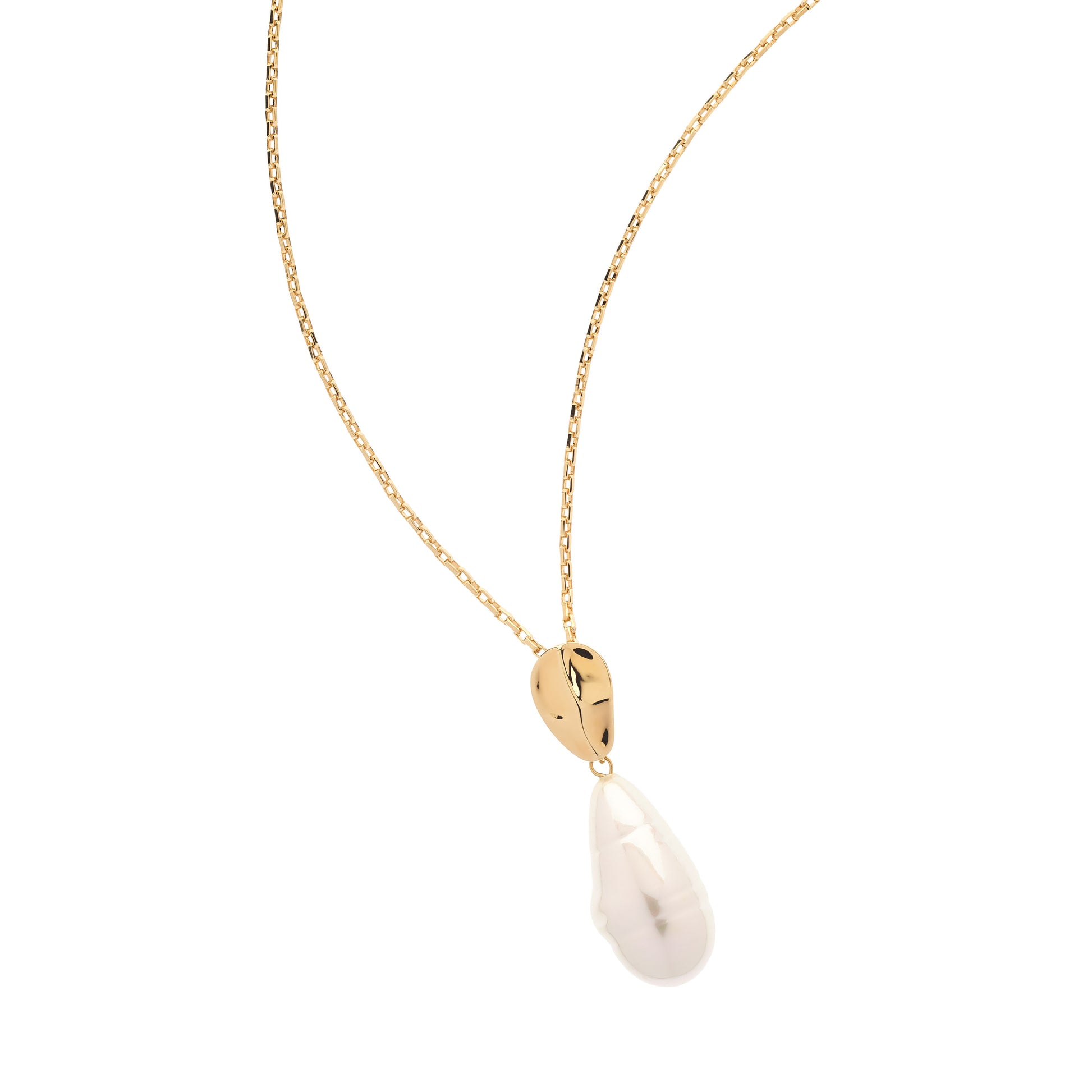 A delicate gold chain necklace featuring a small gold teardrop-shaped setting holding a large, irregular white pearl pendant, shown against a plain white background.