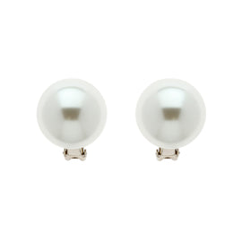 A pair of large pearl clip earrings with a platinum plated finish.