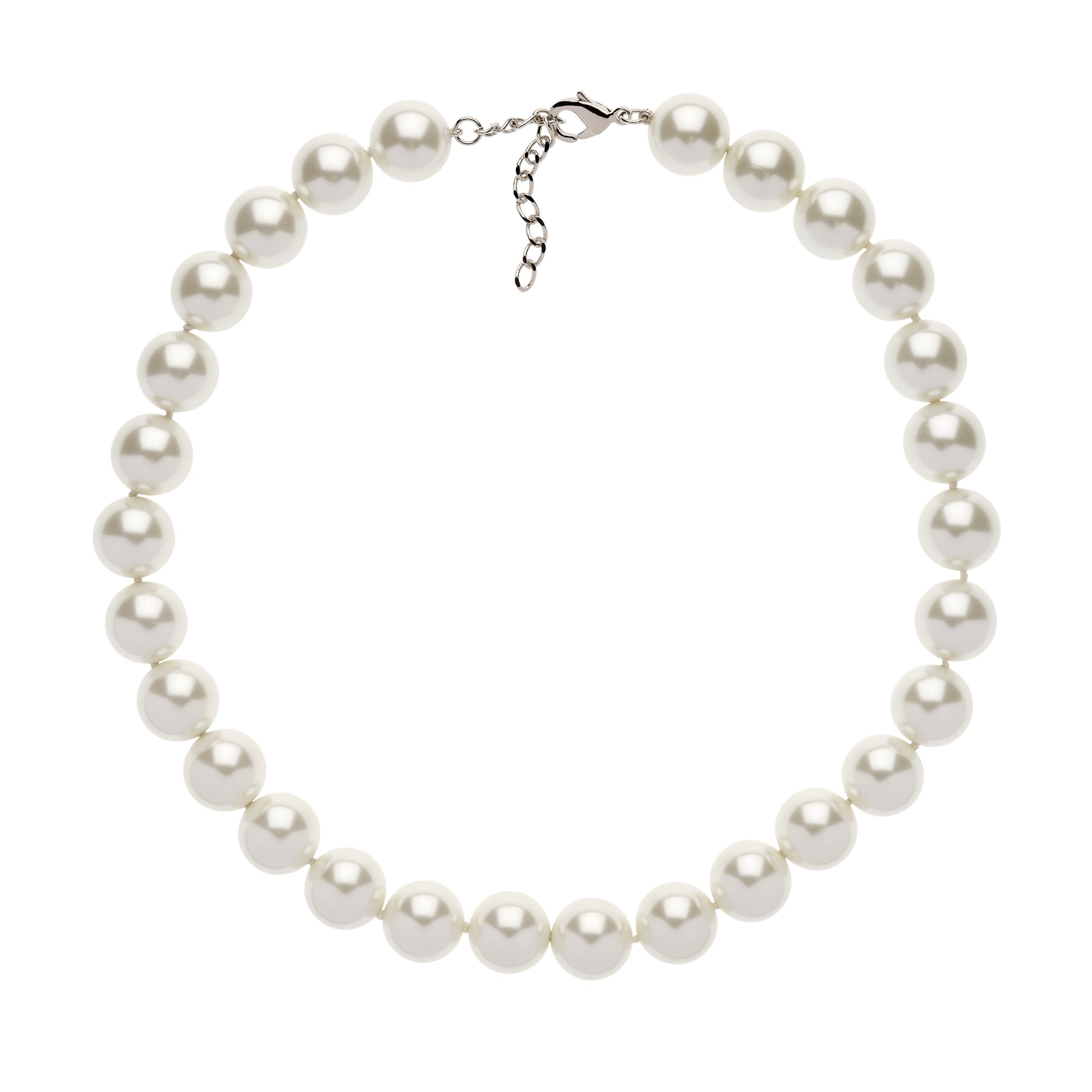 A chunky pearl necklace with a platinum plated clasp and extension chain.