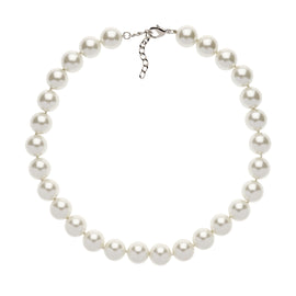 A chunky pearl necklace with a platinum plated clasp and extension chain.