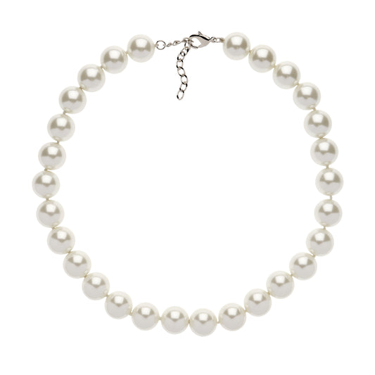A chunky pearl necklace with a platinum plated clasp and extension chain.