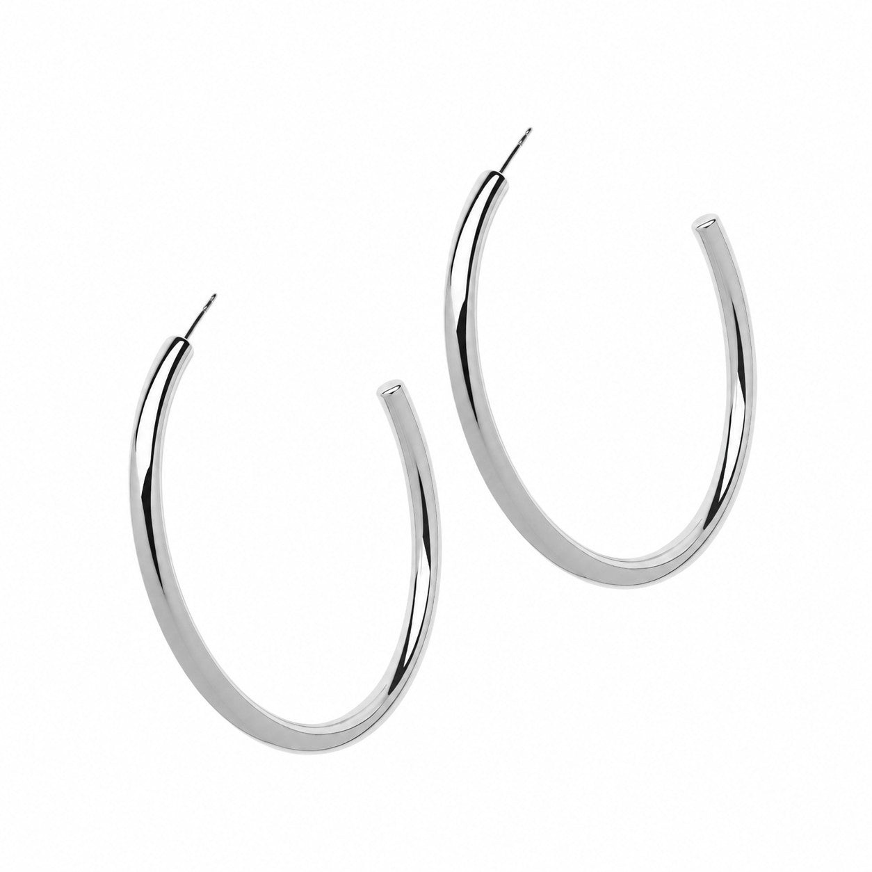 A pair of polished silver-tone hoop earrings on a plain white background.