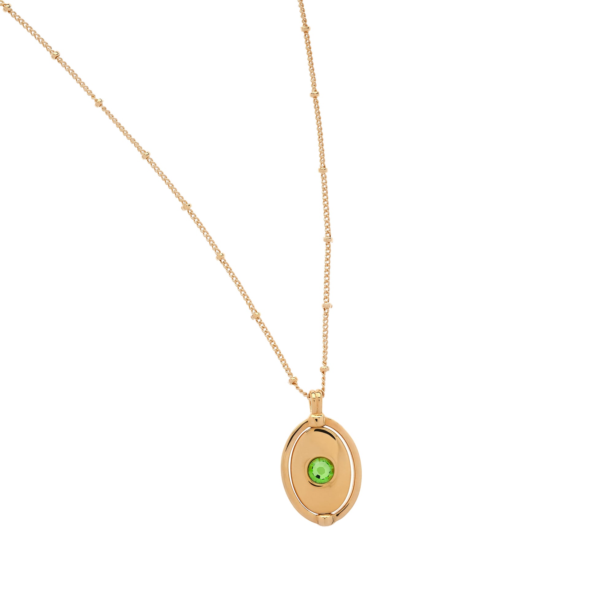 Gold necklace with a green gemstone pendant on a white background