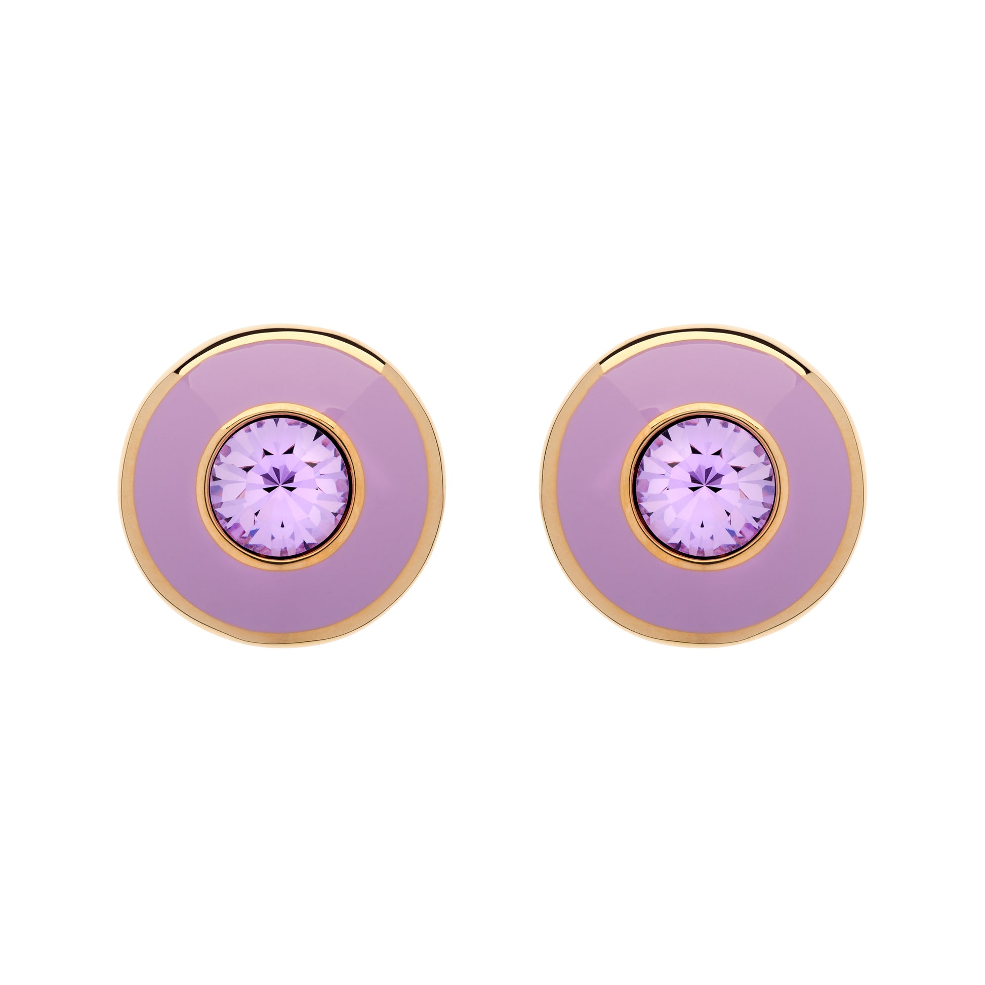 Pair of round earrings with purple center and gold rim on a white background