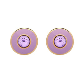 Pair of round earrings with purple center and gold rim on a white background