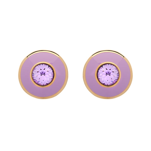 Pair of round earrings with purple center and gold rim on a white background