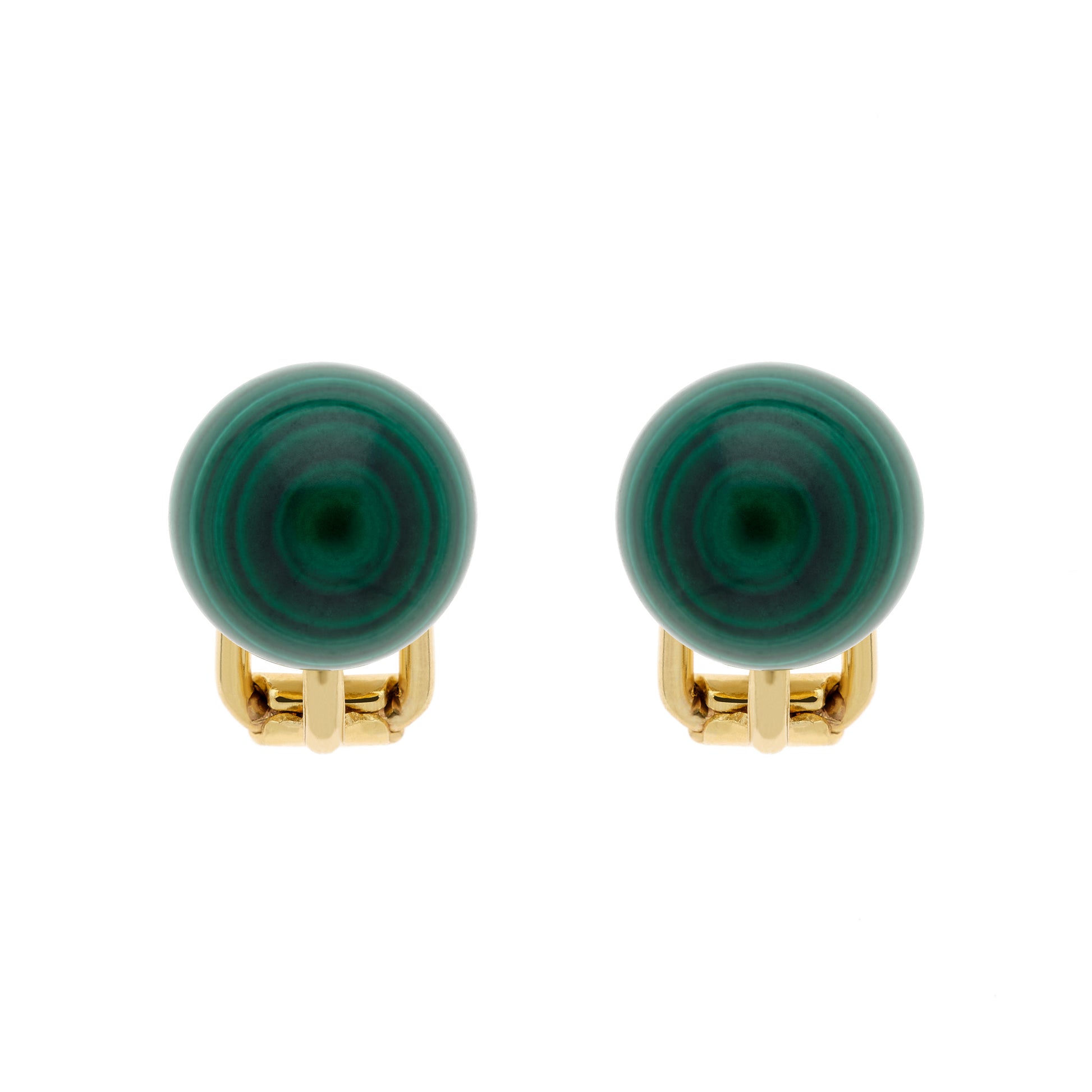 A pair of round green malachite stone stud clip earrings on gold plated fasteners.