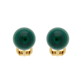 A pair of round green malachite stone stud clip earrings on gold plated fasteners.