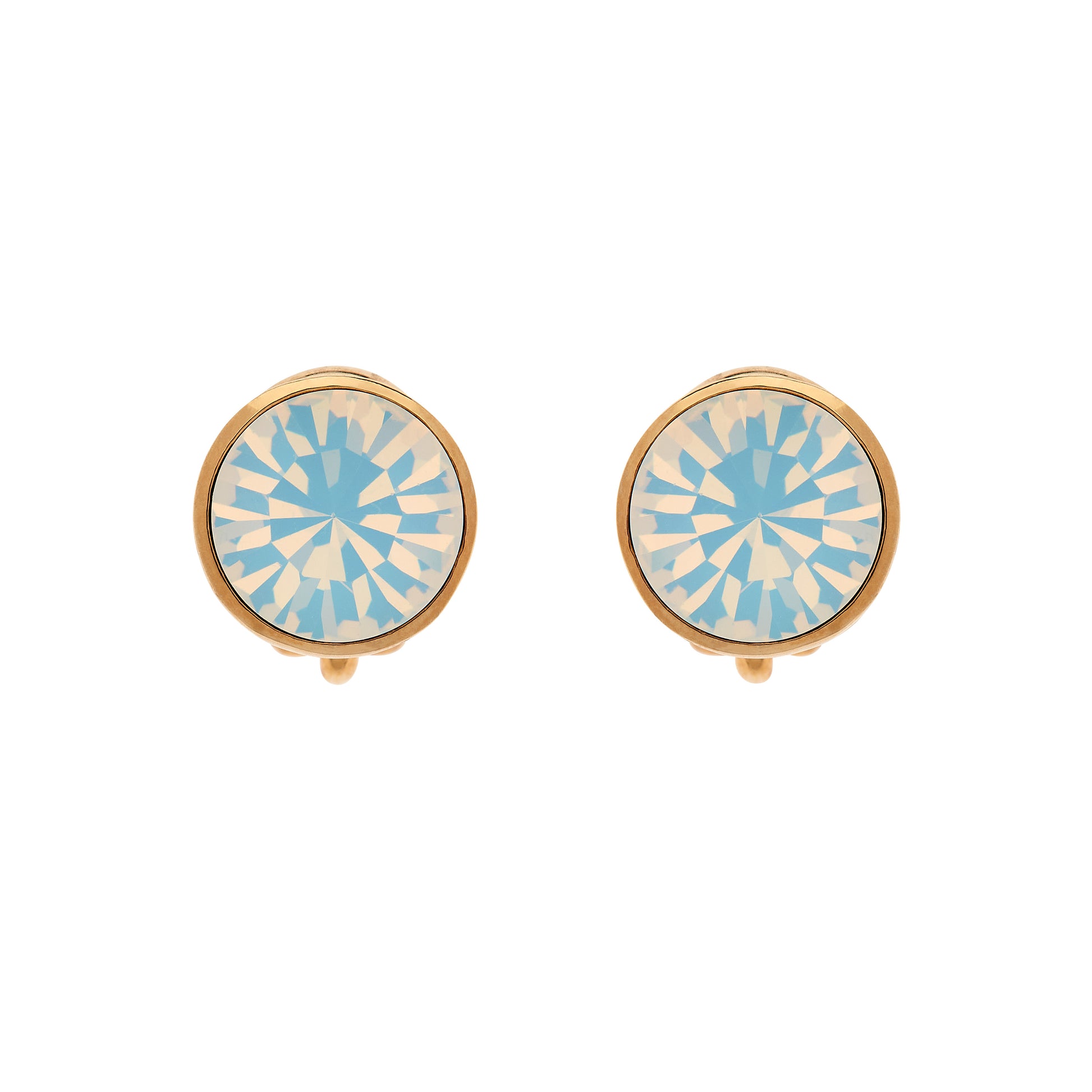 A pair of gold-plated clip-on earrings featuring opal crystal centers with a round shape and intricate pattern.