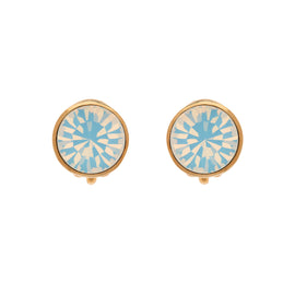 A pair of gold-plated clip-on earrings featuring opal crystal centers with a round shape and intricate pattern.