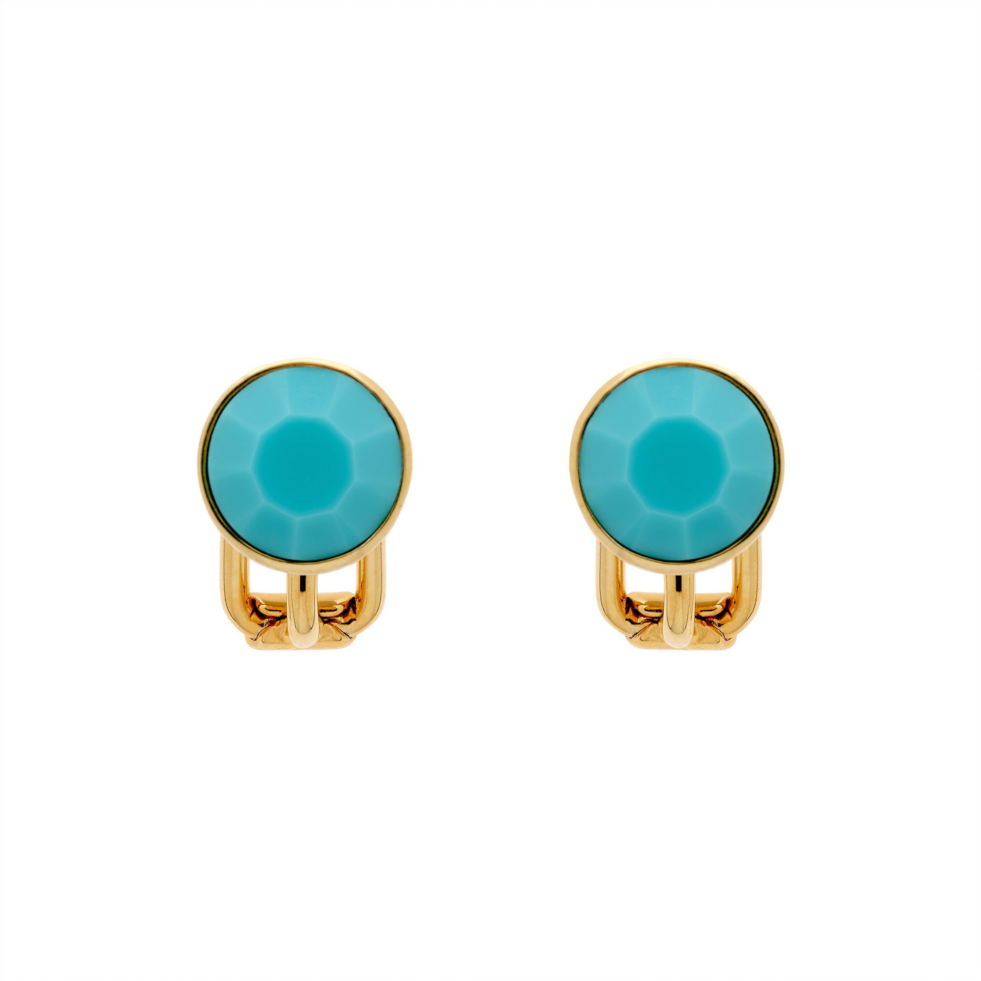 A pair of gold-colored clip-on earrings with turquoise crystals, presented against a white background.