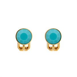 A pair of gold-colored clip-on earrings with turquoise crystals, presented against a white background.