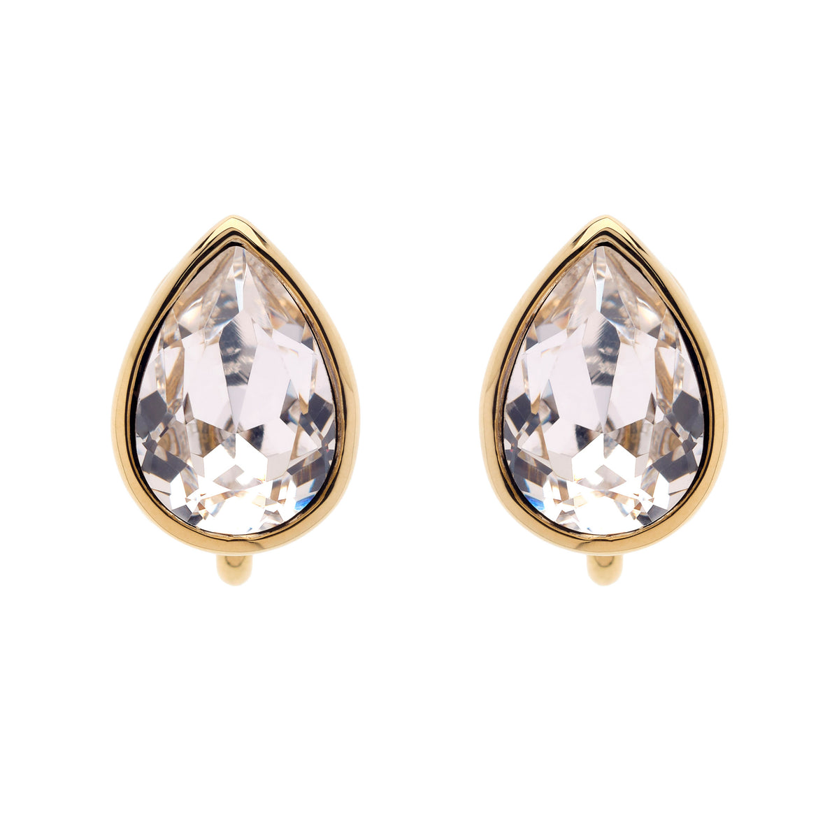 A pair of gold teardrop stud earrings with clear faceted gemstones, shown on a plain white background.