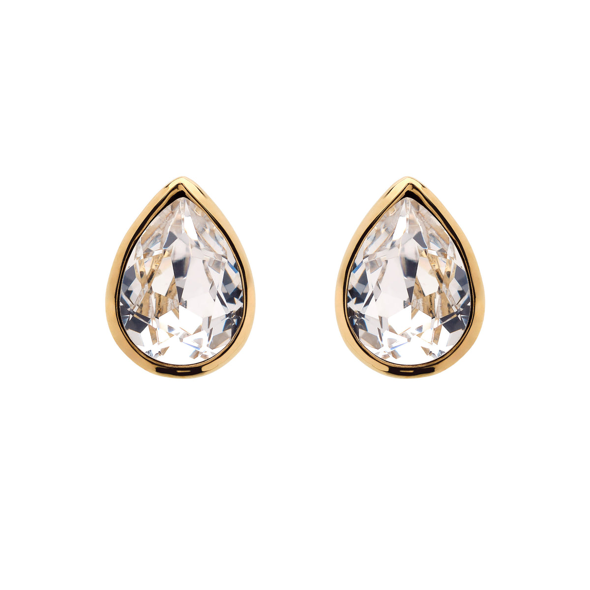 A pair of teardrop-shaped stud earrings with clear faceted gemstones in gold settings, shown on a plain white background.