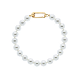 A white faux pearl bracelet with a gold plated clasp.