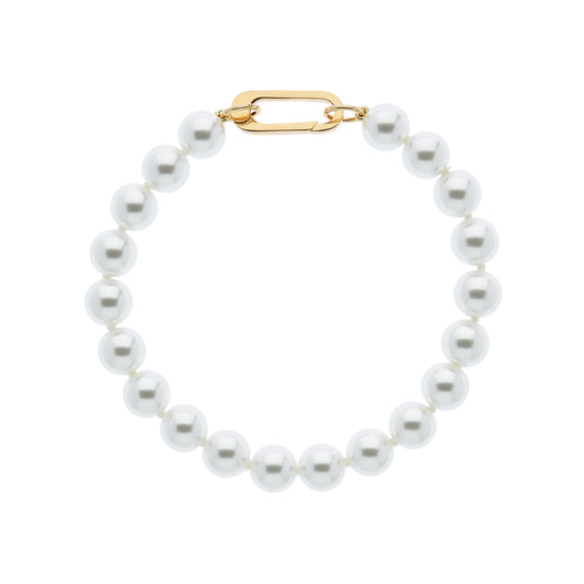 A white faux pearl bracelet with a gold plated clasp.