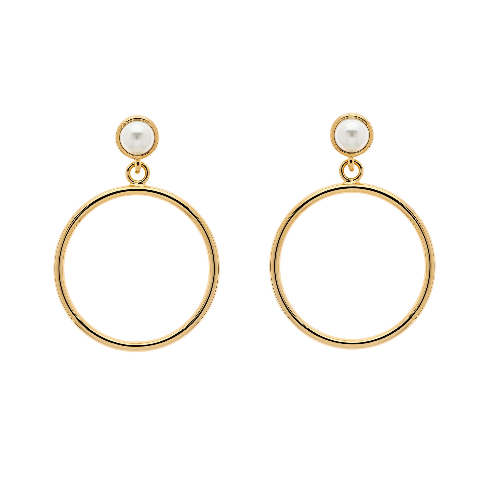 A pair of gold hoop earrings with pearls at the top, presented against a white background.