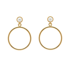 A pair of gold hoop earrings with pearls at the top, presented against a white background.