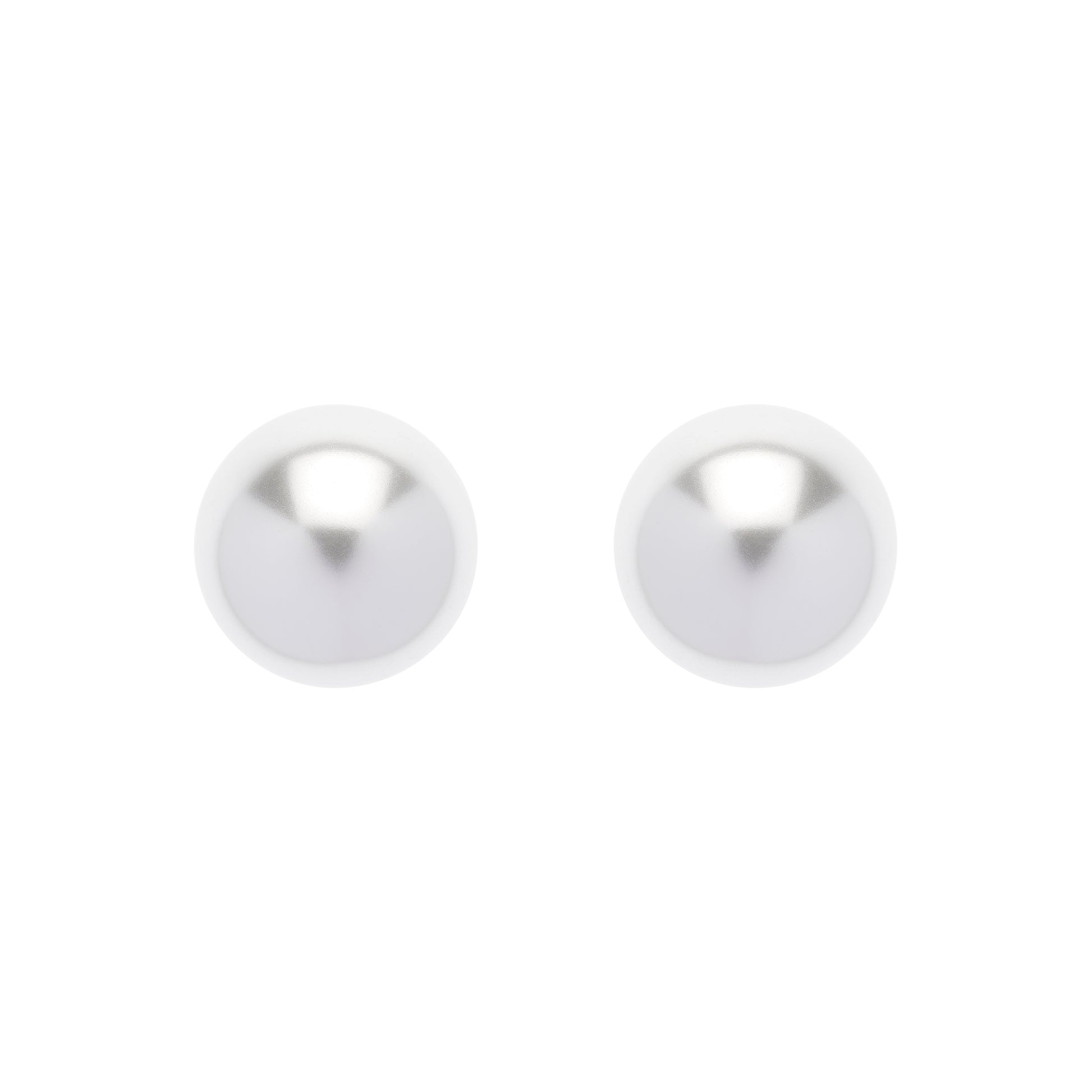 A pair of white, round pearl stud earrings for pierced ears, displayed against a plain background.
