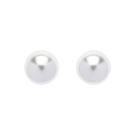 A pair of white, round pearl stud earrings for pierced ears, displayed against a plain background.
