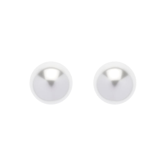 A pair of white, round pearl stud earrings for pierced ears, displayed against a plain background.