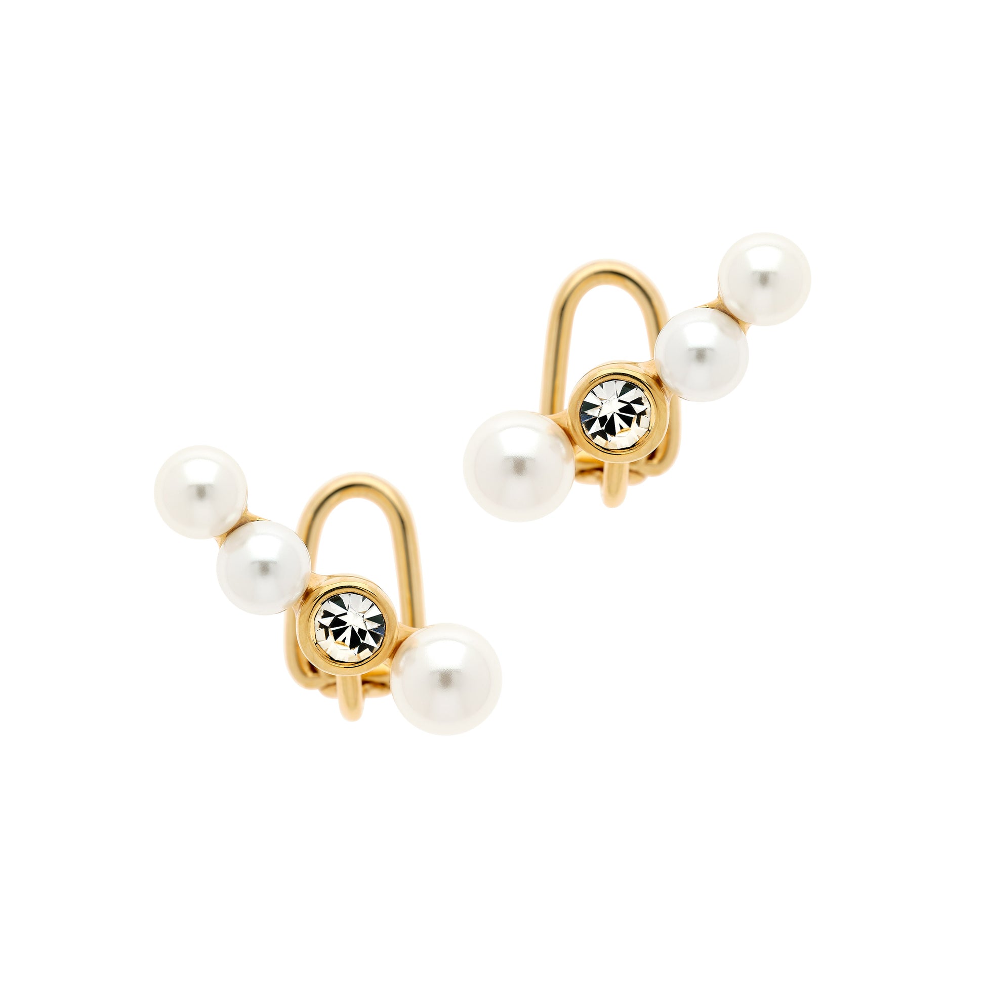 A pair of gold-plated clip-on earrings featuring a series of faux pearls and a single sparkling crystal designed to climb up the ear.