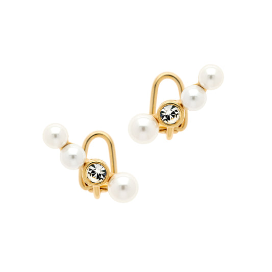 A pair of gold-plated clip-on earrings featuring a series of faux pearls and a single sparkling crystal designed to climb up the ear.