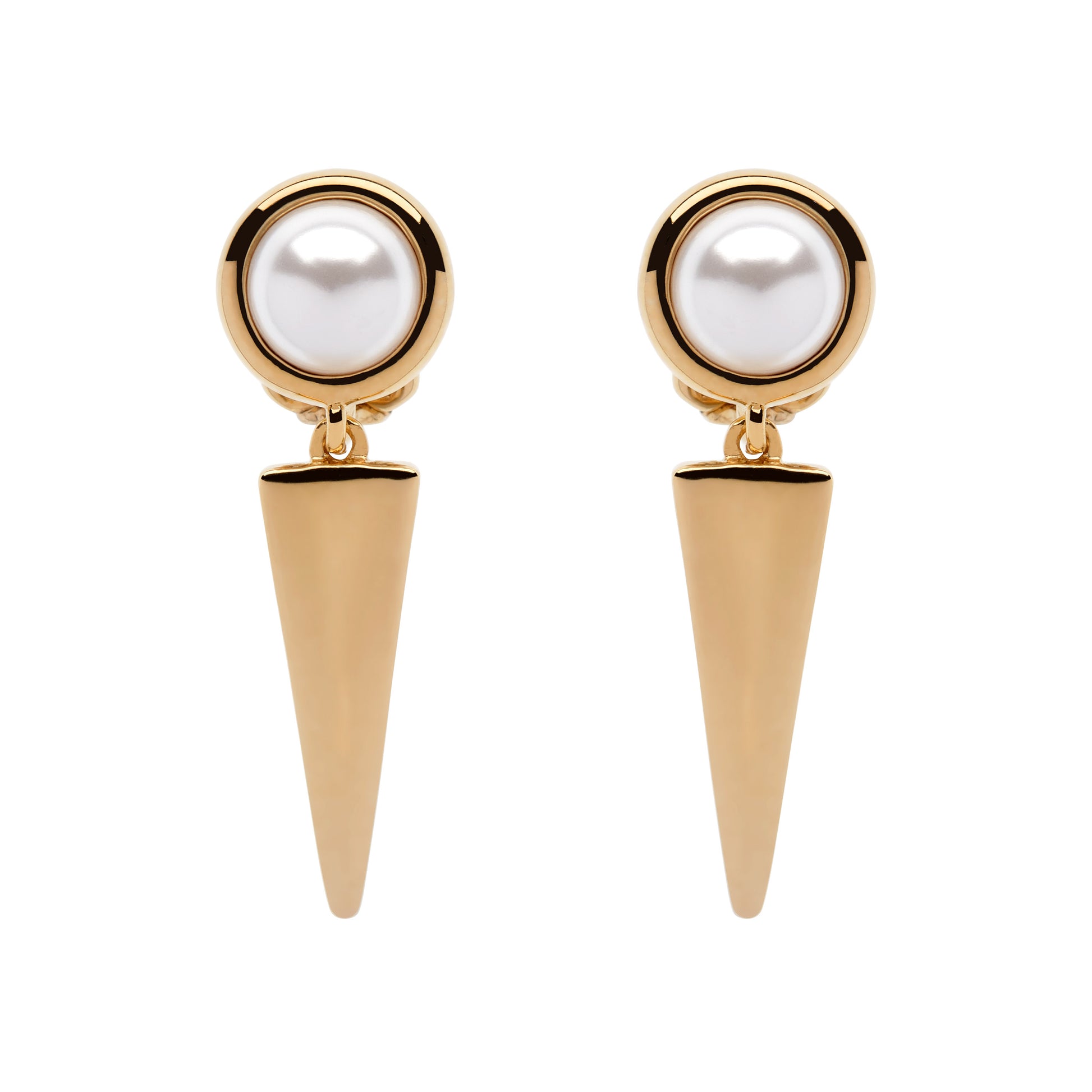 Gold earrings with pearl-like beads on a white background