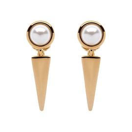 Gold earrings with pearl-like beads on a white background