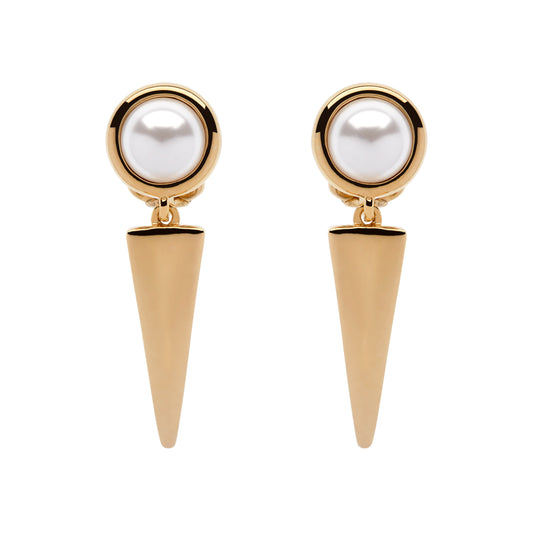 Gold earrings with pearl-like beads on a white background