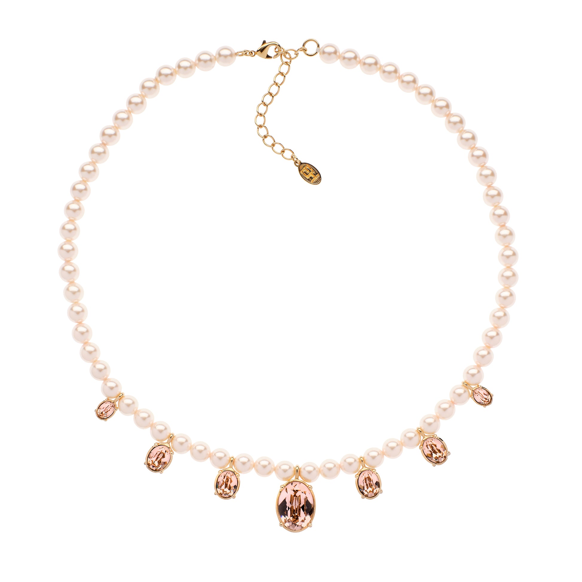 Pearl necklace with rose gold crystal charms on a white background