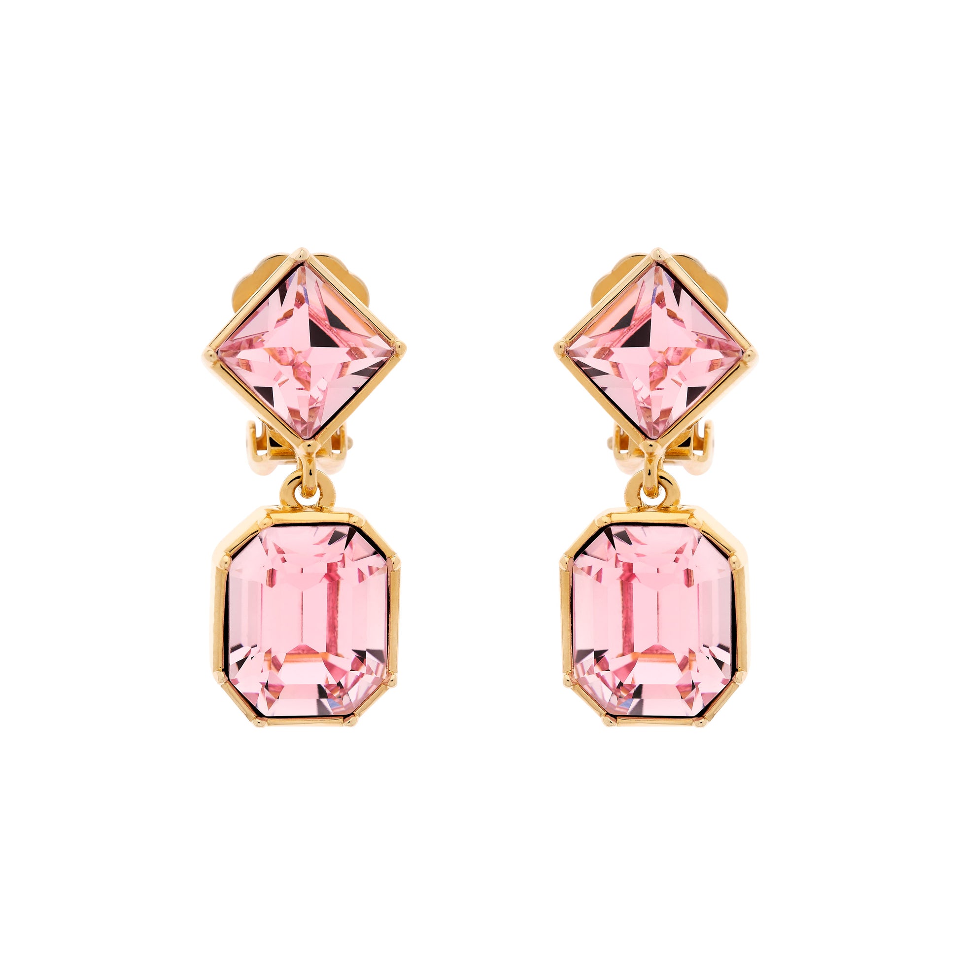A pair of pink crystal statement clip earrings with gold metal accents, designed as drop earrings.
