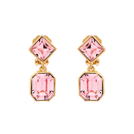 A pair of pink crystal statement clip earrings with gold metal accents, designed as drop earrings.