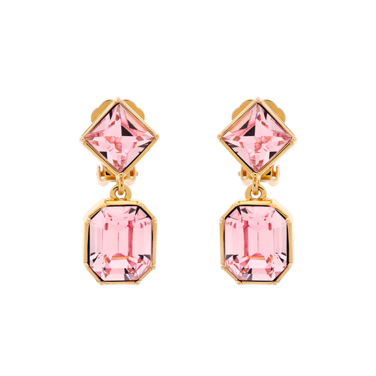 A pair of pink crystal statement clip earrings with gold metal accents, designed as drop earrings.