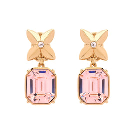 Gold earrings with pink gemstones on a white background