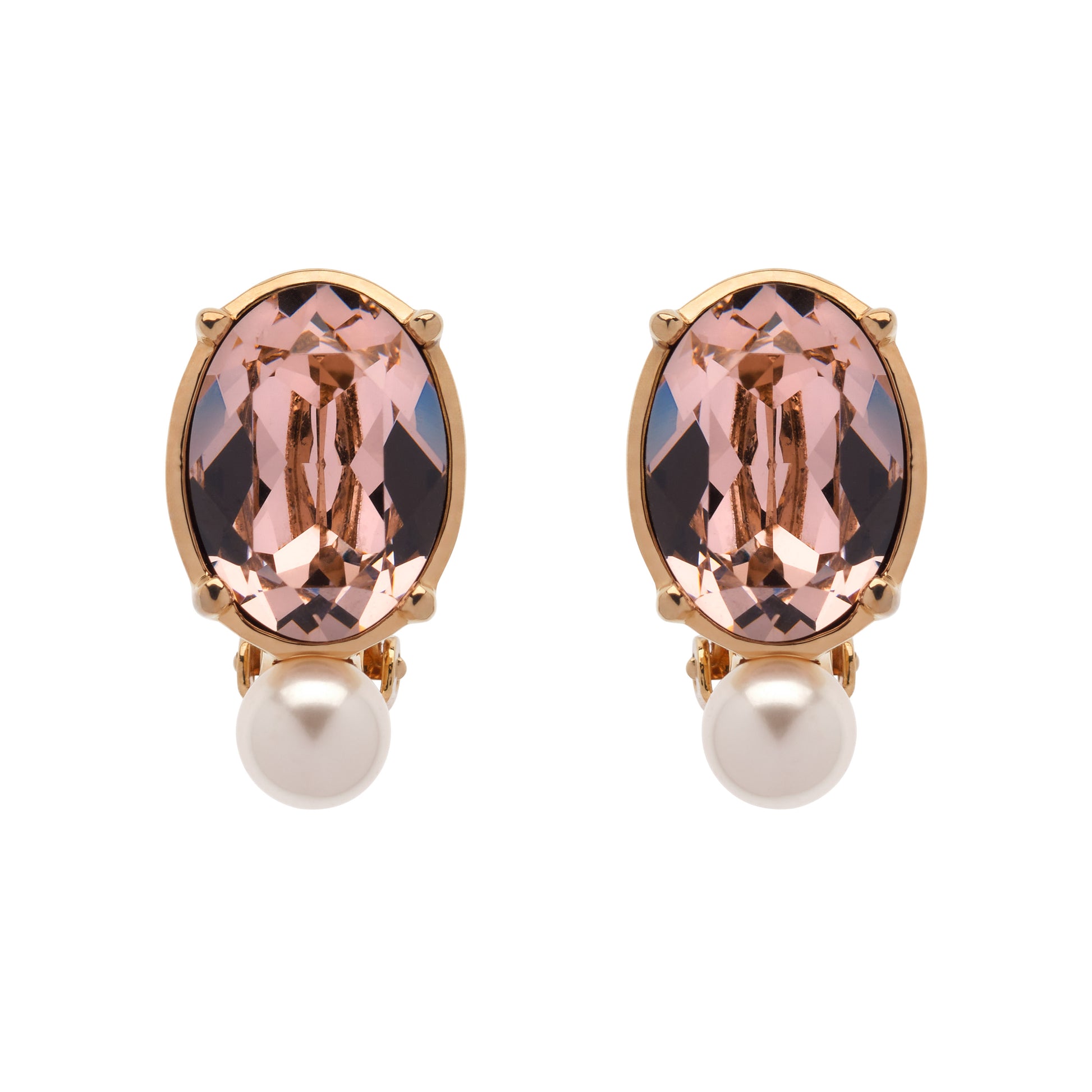 Pair of earrings with pink gemstones and pearl drops on a white background