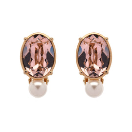 Pair of earrings with pink gemstones and pearl drops on a white background