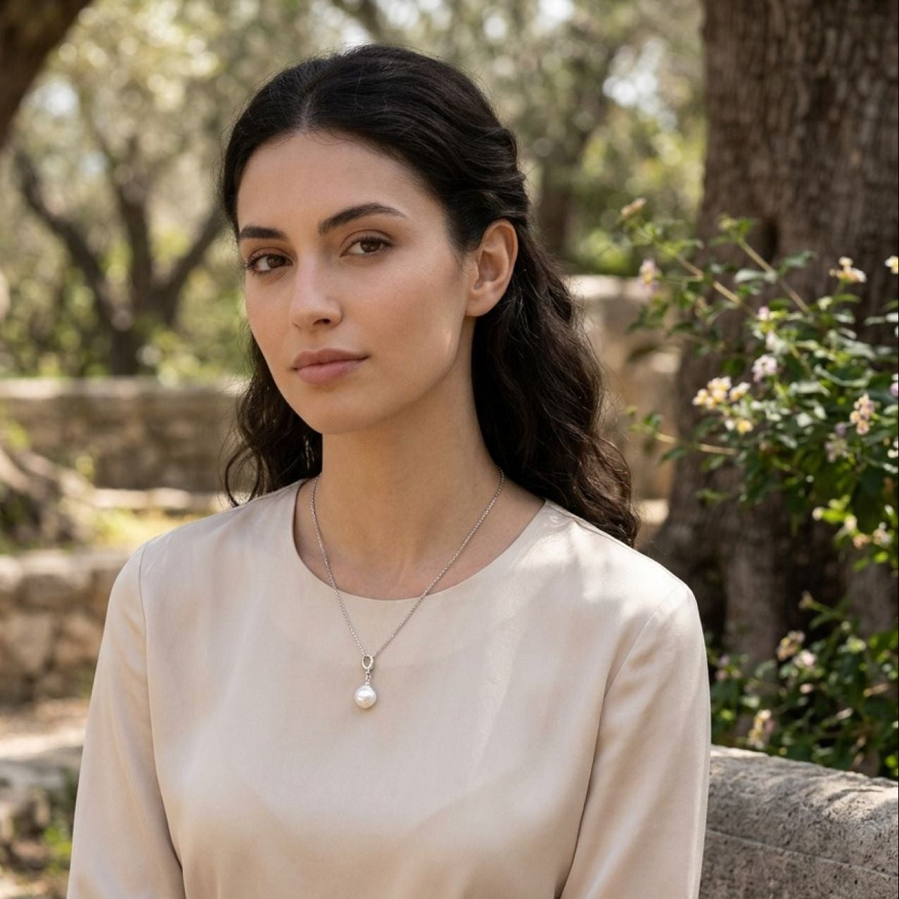 A woman with dark hair tied back sits outdoors wearing a light beige long-sleeve blouse and a delicate silver necklace with a white pearl pendant. The background shows a blurred natural setting with trees and stone.
