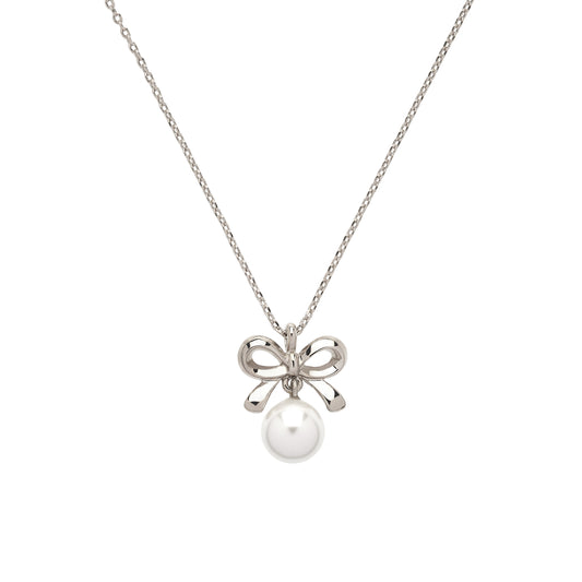 Silver necklace with a bow and pearl pendant on a white background