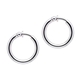 A pair of platinum hoop clip earrings with a polished finish.