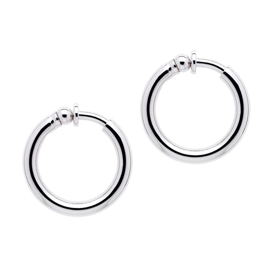 A pair of platinum hoop clip earrings with a polished finish.
