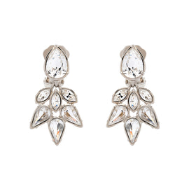 Pair of silver teardrop earrings with clear gemstones on a white background