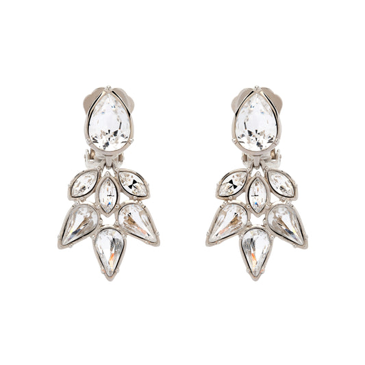 Pair of silver teardrop earrings with clear gemstones on a white background