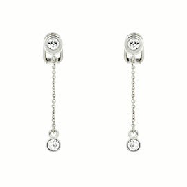 A pair of platinum plated clip-on earrings with chain drop and sparkling crystals.