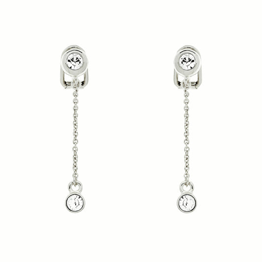 A pair of platinum plated clip-on earrings with chain drop and sparkling crystals.