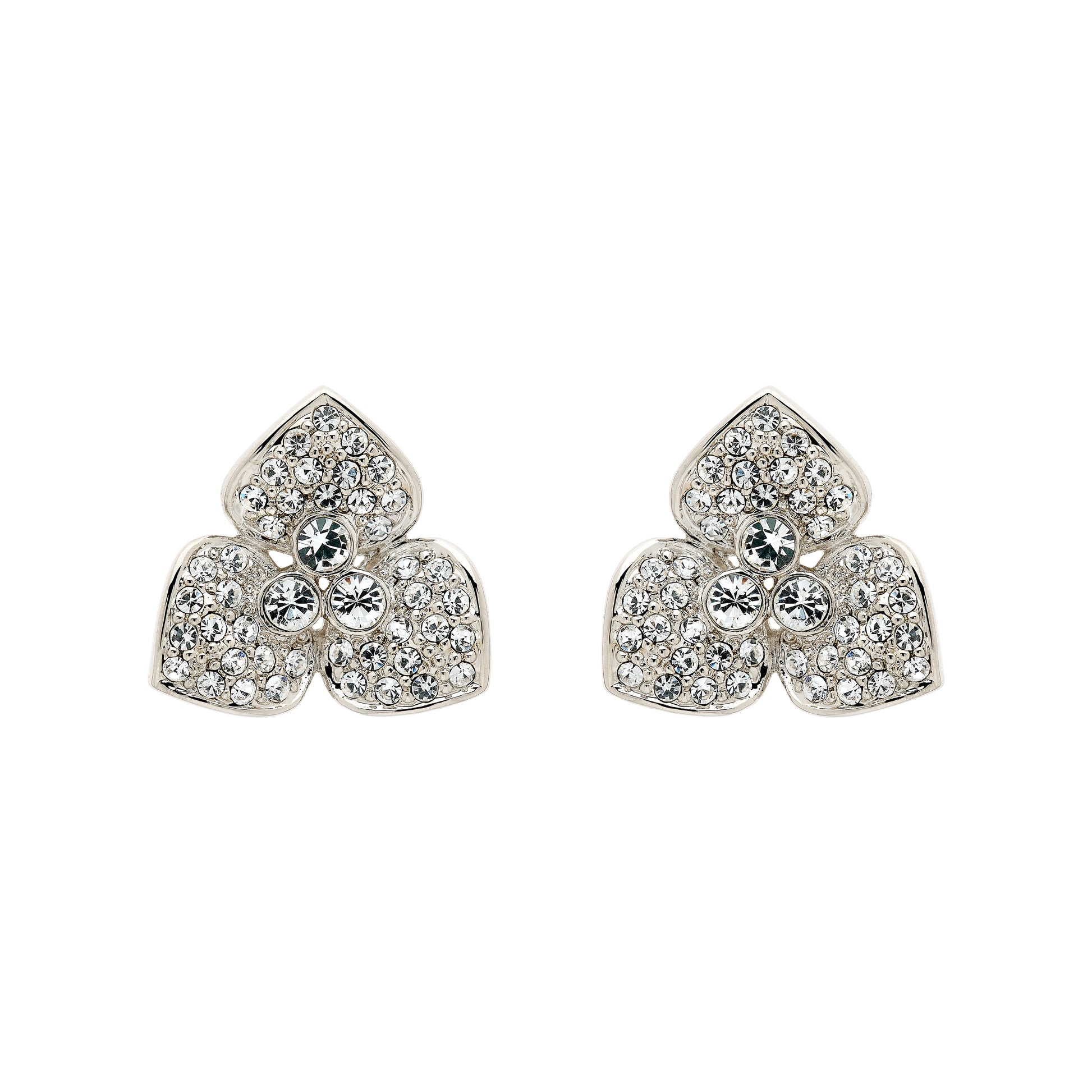 A pair of platinum plated clip earrings with a hand set crystal flower design