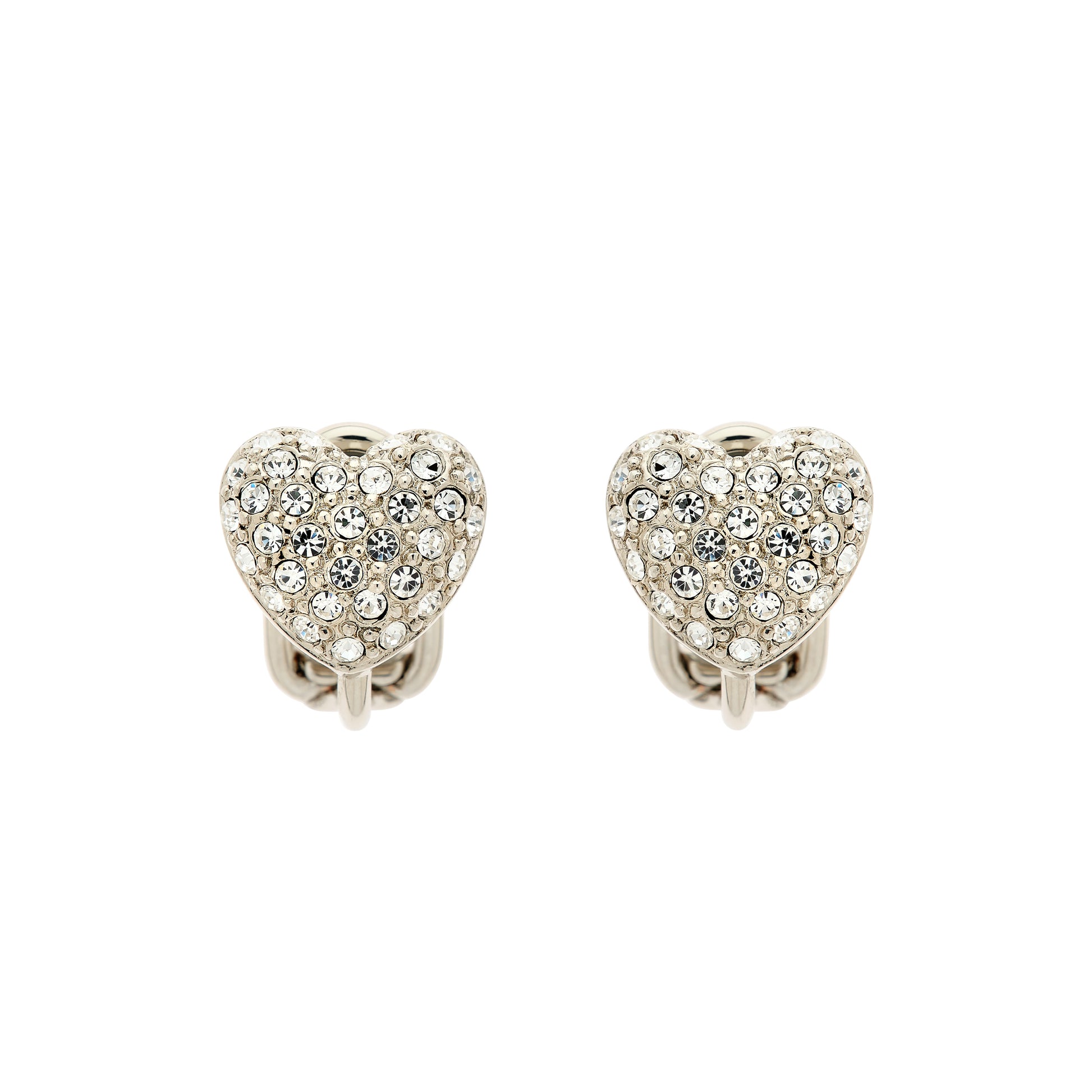 A pair of clip earrings featuring a heart shape covered in sparkling pave crystals.