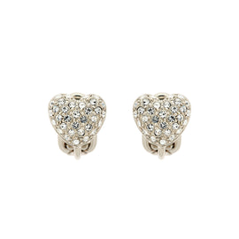 A pair of clip earrings featuring a heart shape covered in sparkling pave crystals.