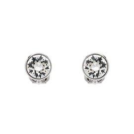 A pair of platinum crystal stud clip earrings with a sparkling clear crystal set in each, displayed against a white background.