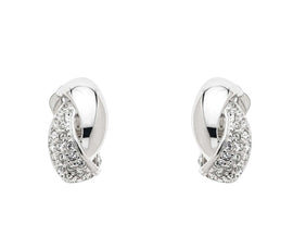 A pair of platinum crystal twist clip earrings with hand set pave crystals on a white background.